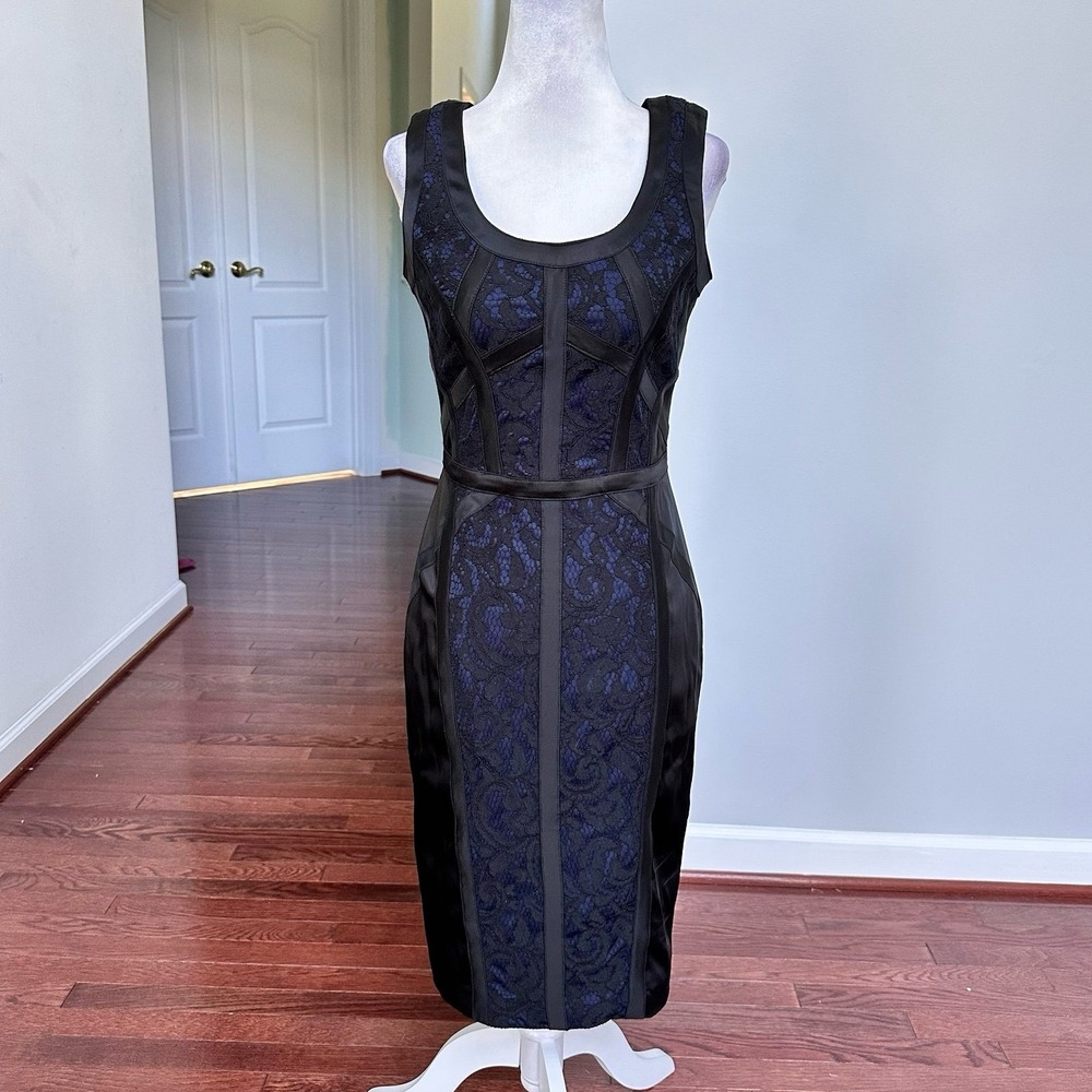 NWT Cache Navy Blue Black Satin Bodycon Pencil Sexy Lace Scoop Cocktail Dress